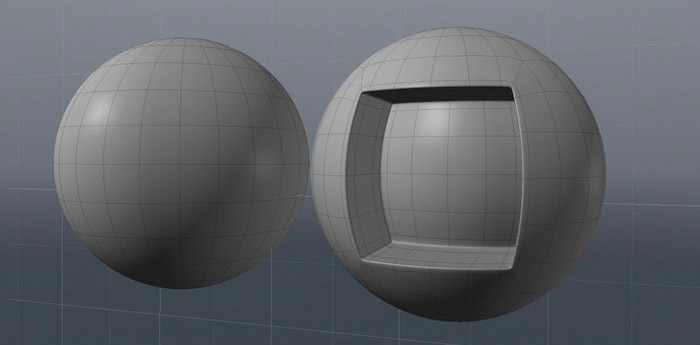 MODO601チュートリアル　球体に角張った四角形の穴を開ける方法