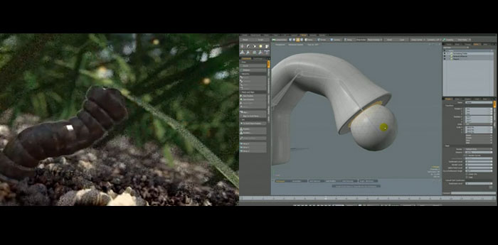 MODOでスケルトンを使った細長い虫が玉を飲み込むアニメーションの無料TUTORIAL動画