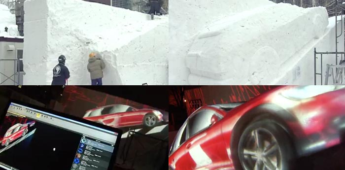 雪像で作られたaudiの車にプロジェクションマッピングしてるメイキング映像