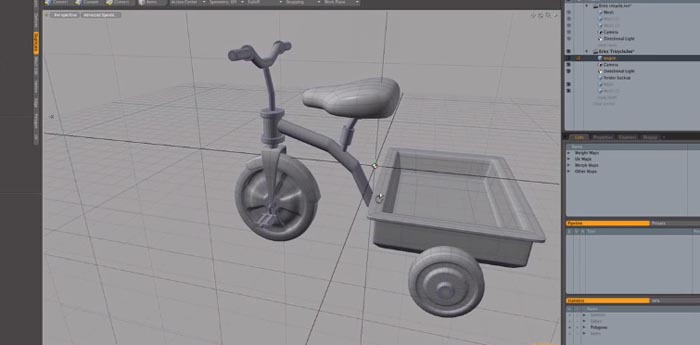 MODOで１から「三輪車」をモデリングするチュートリアル動画です。